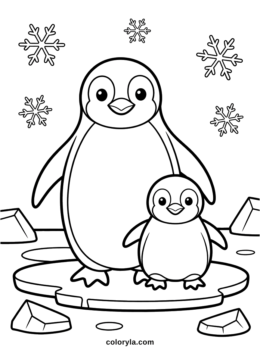 Een pinguïn en haar kuiken op een ronde ijsschots onder de sneeuwvlokken: kleurplaat pinguïn voor kinderen, gratis.