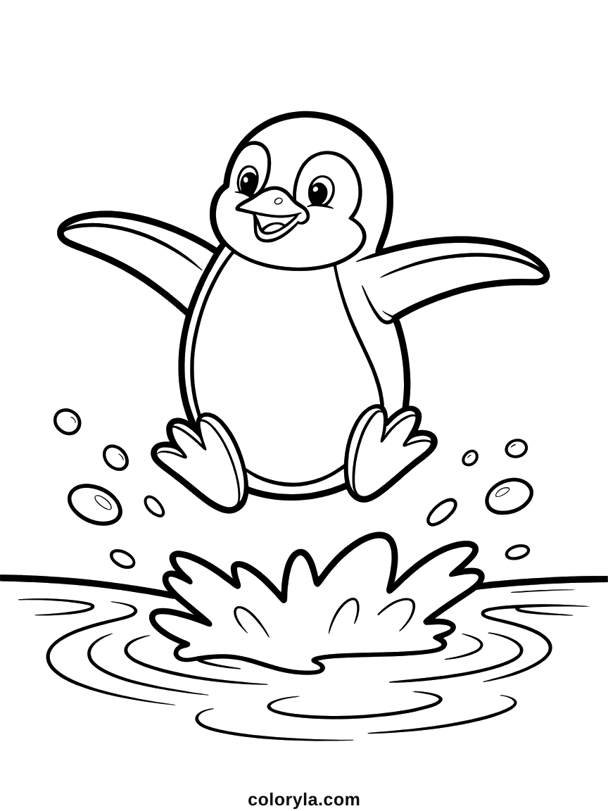Met de vleugels wijd springt een lachende pinguïn boven een plons uit: gratis pinguïn kleurplaat, makkelijk om te printen.
