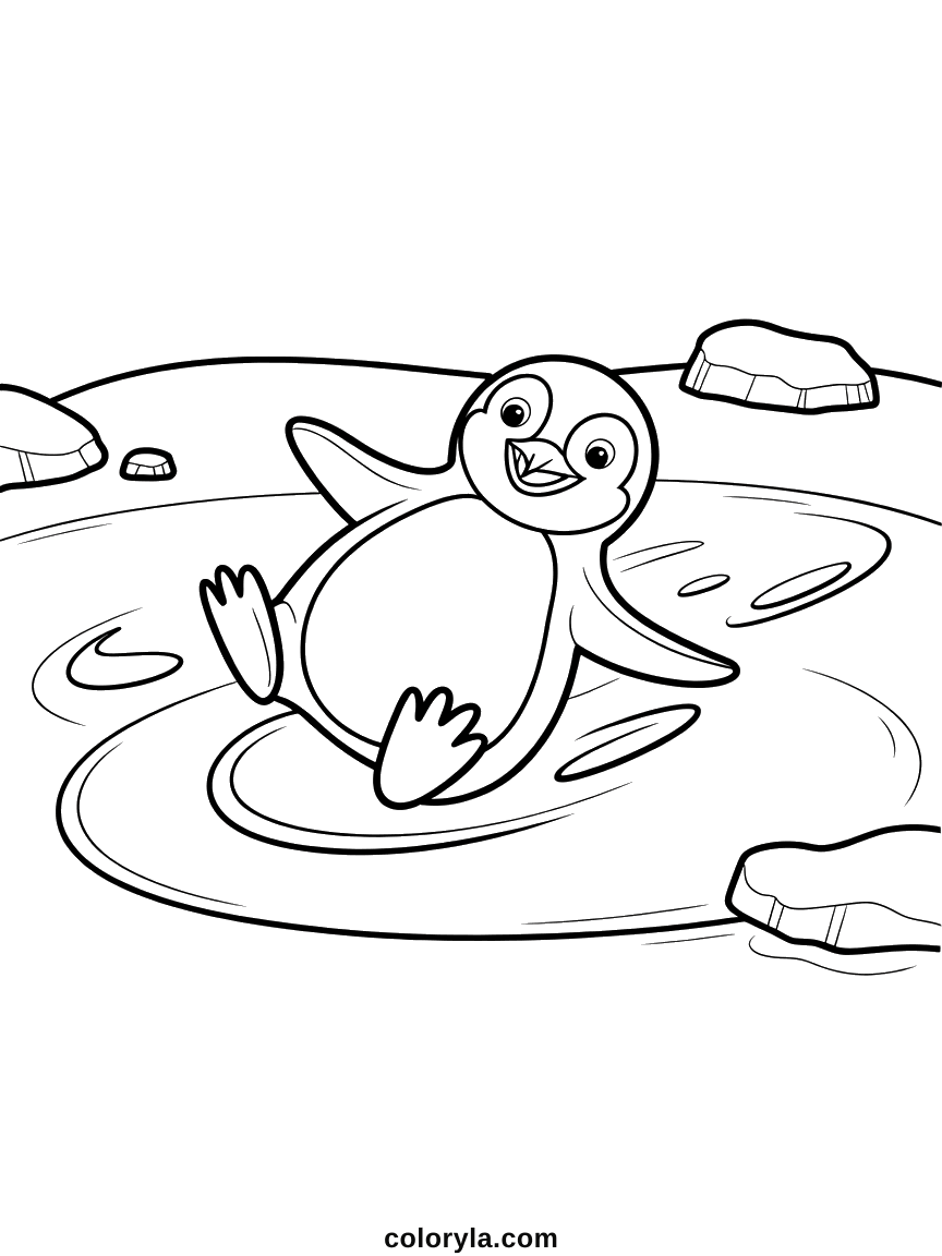 Een pinguïn glijdt achterover over een bevroren vijver tussen de ijsblokken: kleurprent pinguïn voor kinderen, gratis om te printen.
