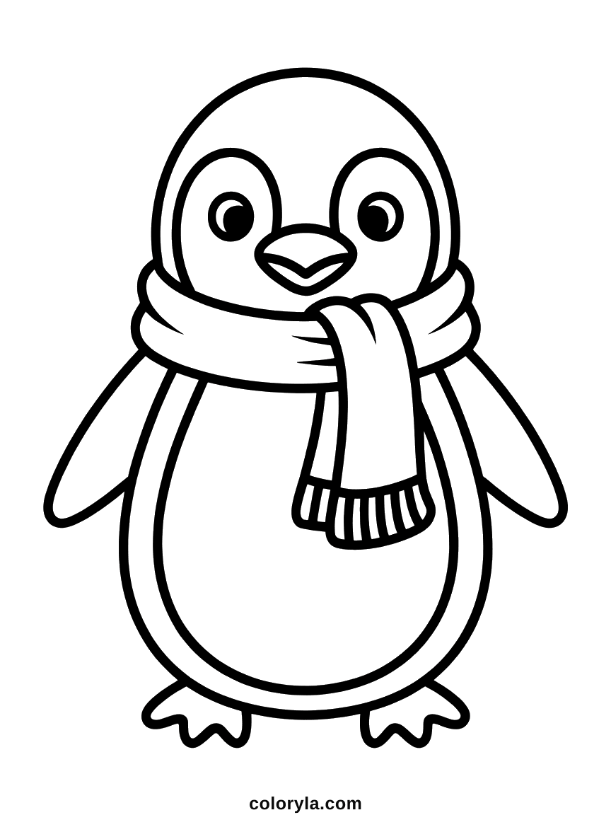 Pinguïn in een dikke sjaal die opzij kijkt, een eenvoudige kleurplaat pinguïn om te printen. Makkelijk voor kinderen en gratis.