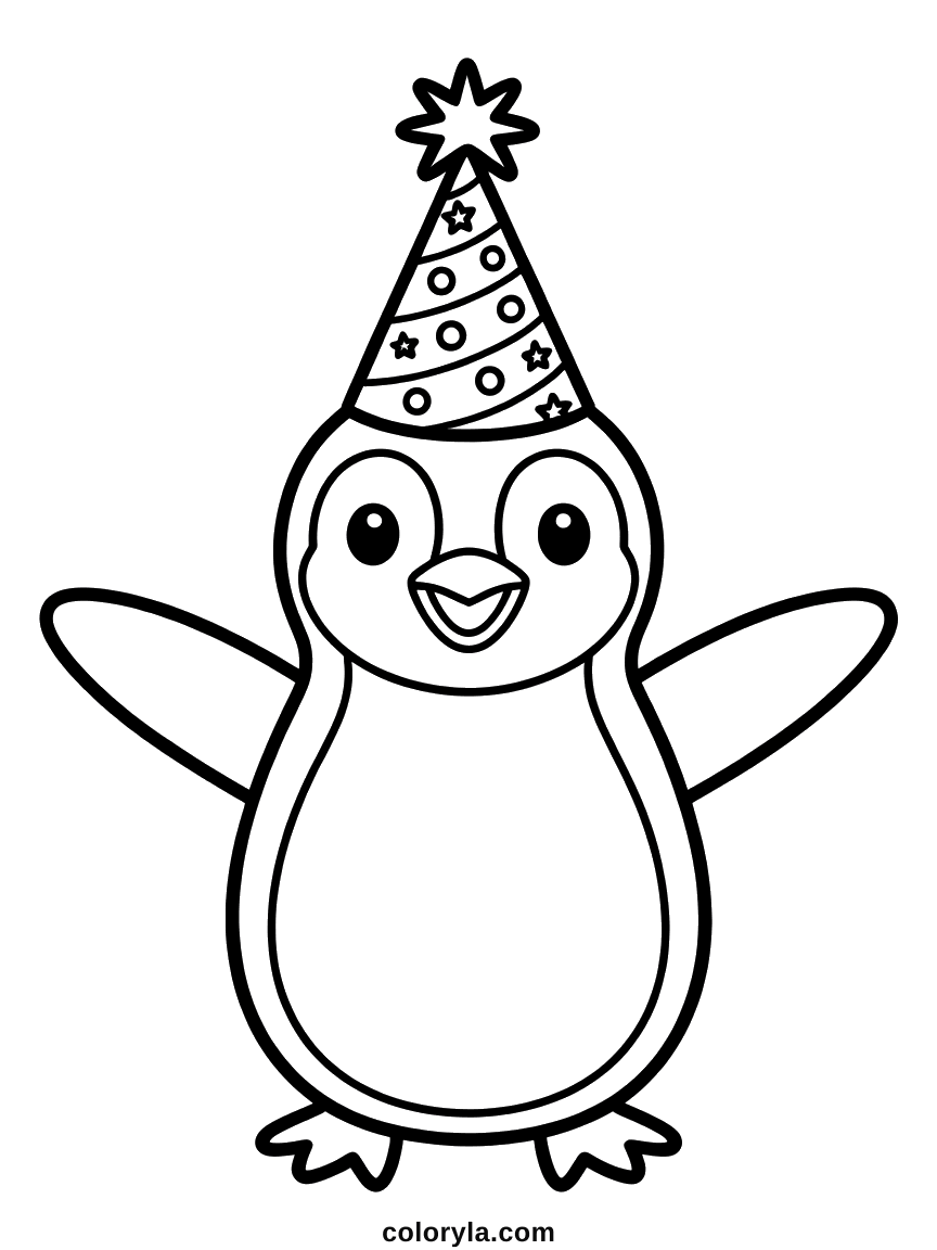 Pinguïn met een feesthoedje vol stippen en gespreide vleugels: pinguïn kleurplaat voor een verjaardag, makkelijk en gratis.