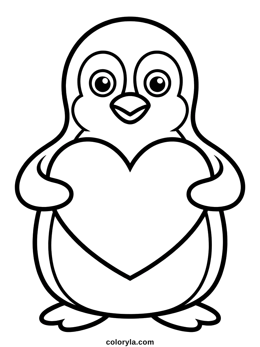 Valentijn kleurplaat met een pinguïn die een groot hart tegen zijn buik drukt, met glimmende oogjes. Makkelijk en gratis.