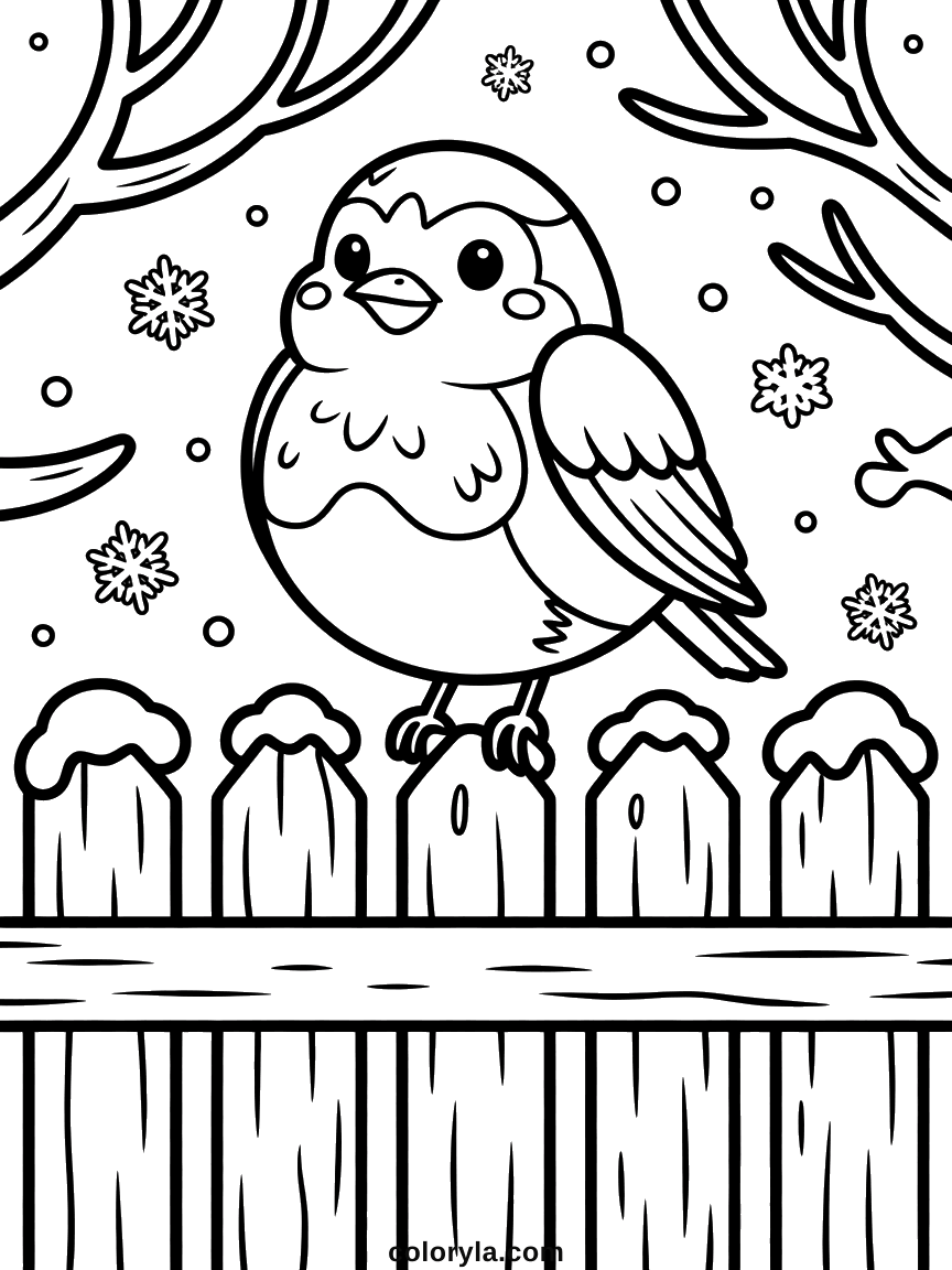 Rond kawaii roodborstje op een besneeuwd hek tussen kale takken: kleurplaat roodborstje, gratis te printen als pdf.