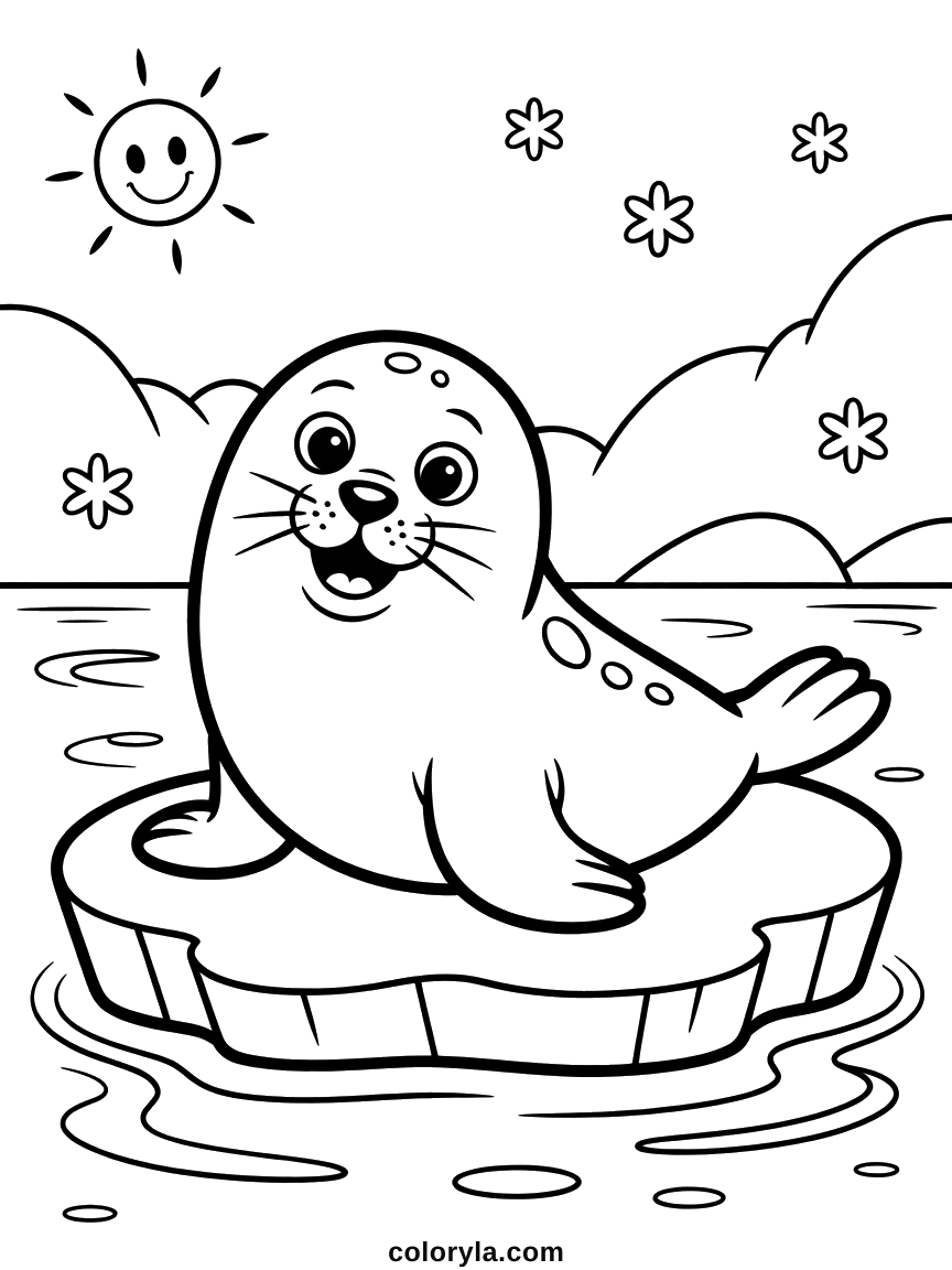 Grijnzende zeehond op een ijsschots met de flippers omhoog en een lachende zon: kawaii zeehond kleurplaat, makkelijk en gratis.