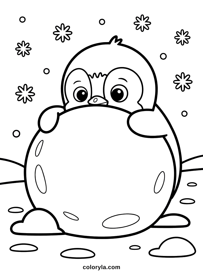 Een verlegen pinguïn piept over een reuzensneeuwbal terwijl het sneeuwt: kleurplaat pinguïn voor kinderen, gratis.