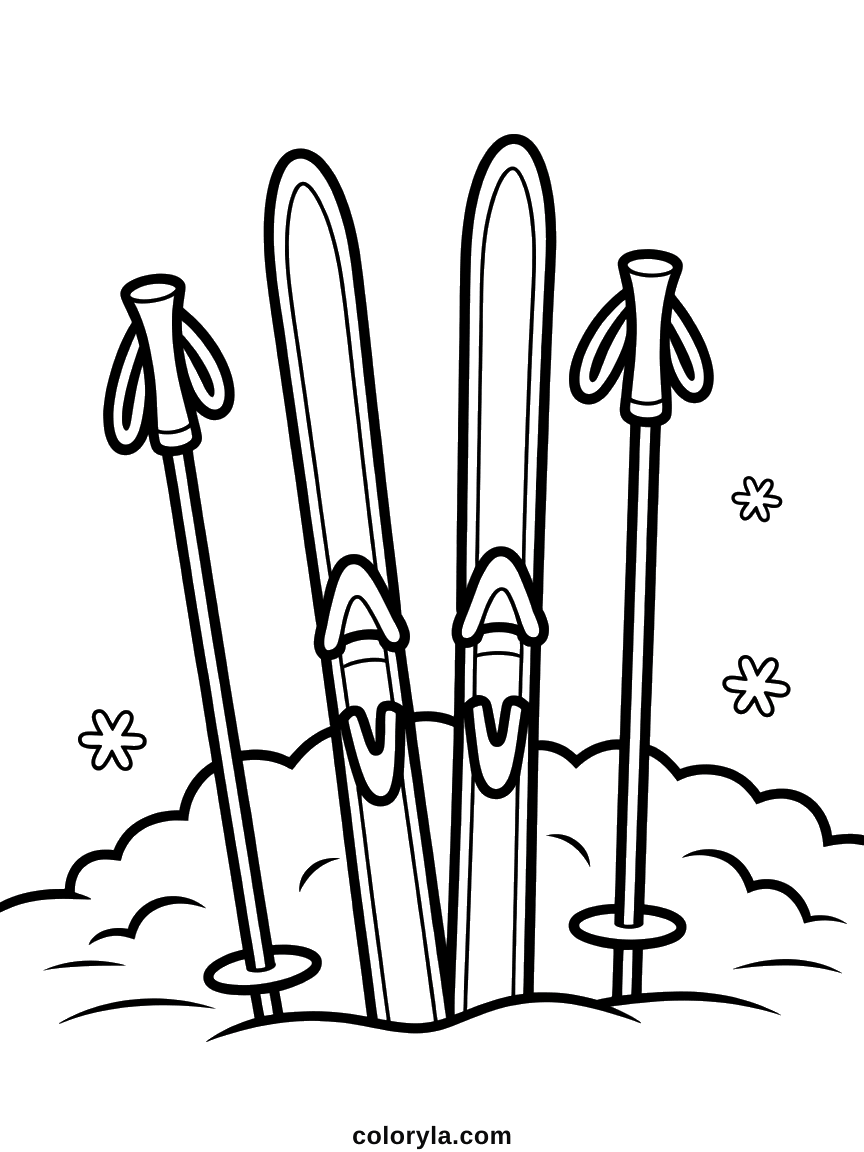 Twee ski's en twee stokken steken rechtop uit een sneeuwhoop. Makkelijke ski kleurplaat voor kinderen, gratis.