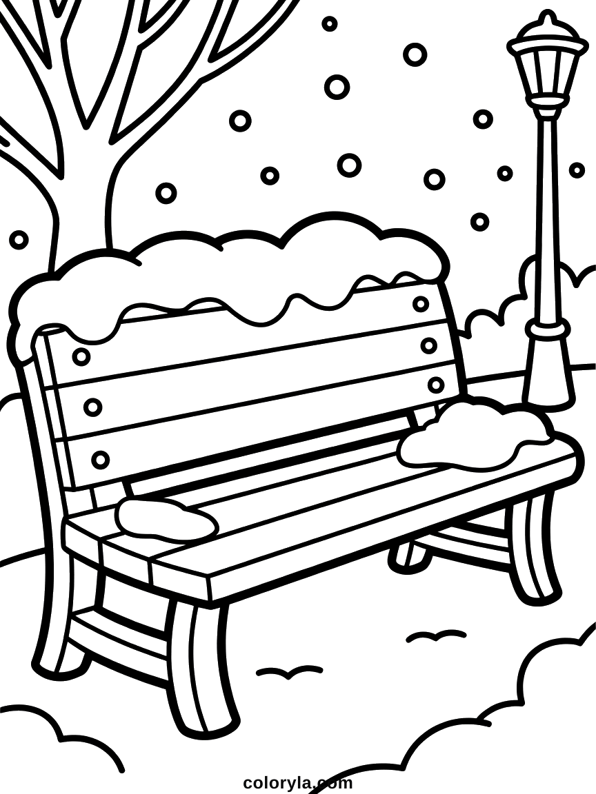 Houten parkbankje onder dikke sneeuw, met een kale boom en een lantaarn erachter: winterkleurplaat, gratis te printen.