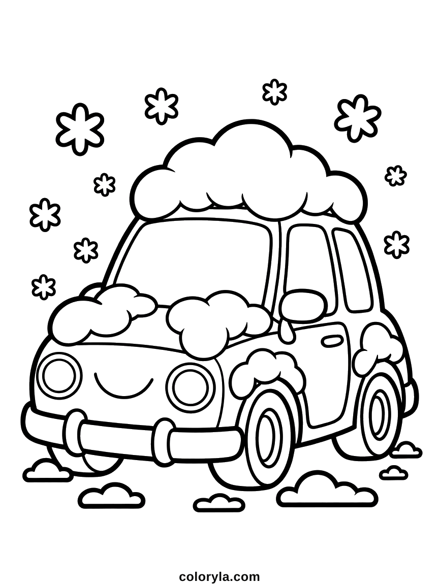 Lachend autootje met sneeuw op het dak en de motorkap: kleurplaat auto in de sneeuw, makkelijk voor kinderen en gratis.