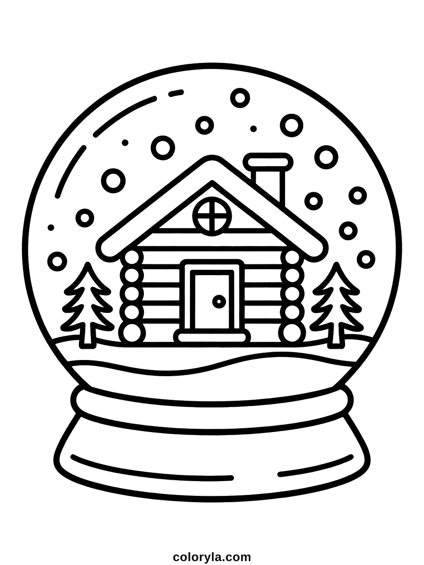 Sneeuwbol kleurplaat met een blokhutje en twee dennen onder het glas, op een ronde voet. Makkelijk en gratis als pdf.