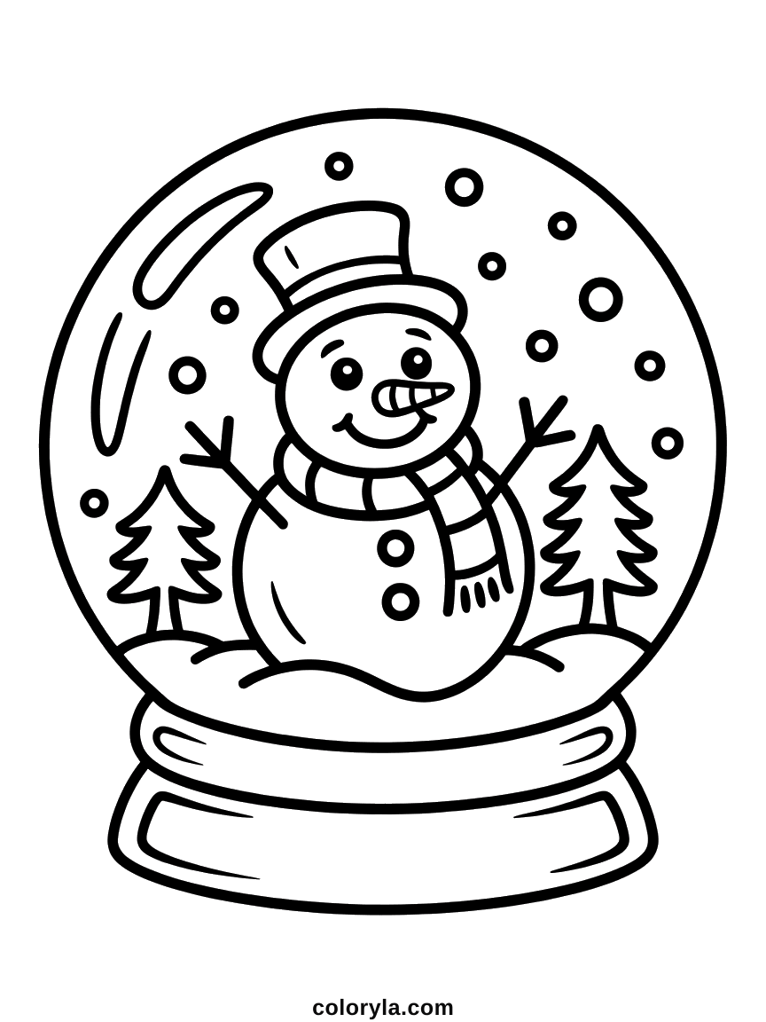 Sneeuwbol kleurplaat met een lachende sneeuwpop tussen twee dennetjes en dwarrelende sneeuw. Makkelijk en gratis.