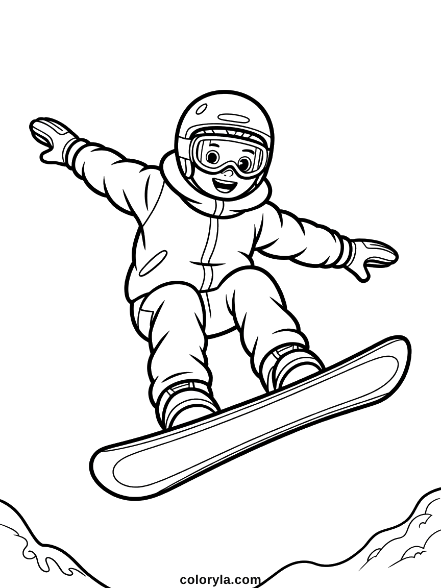 Een jonge snowboarder met helm en skibril zweeft met wijde armen boven de sneeuw: snowboard kleurplaat, gratis.