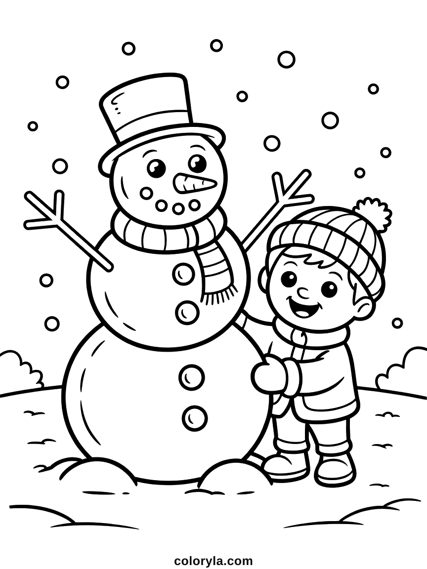 Een lachend jongetje legt zijn wanten op de sneeuwpop die hij bouwde: kleurplaat sneeuwpop voor kinderen, gratis.