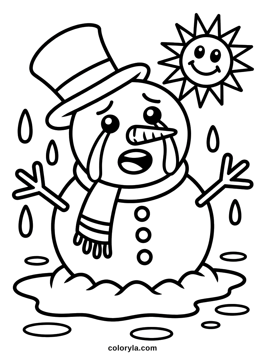 Een huilende sneeuwpop zakt weg in een plas onder een lachende zon: grappige sneeuwpop kleurplaat voor kinderen, gratis.