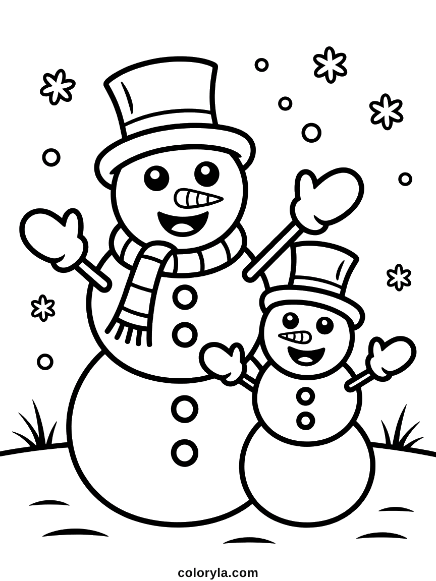 Sneeuwpopfamilie kleurplaat: een grote en een kleine sneeuwpop met hoge hoed die zwaaien met hun wanten. Gratis om te printen.