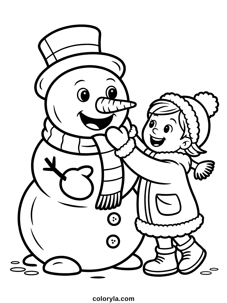 Met pompommuts en bontjas aait een meisje een sneeuwpop onder de kin, een lieve kleurplaat sneeuwpop om gratis te printen.