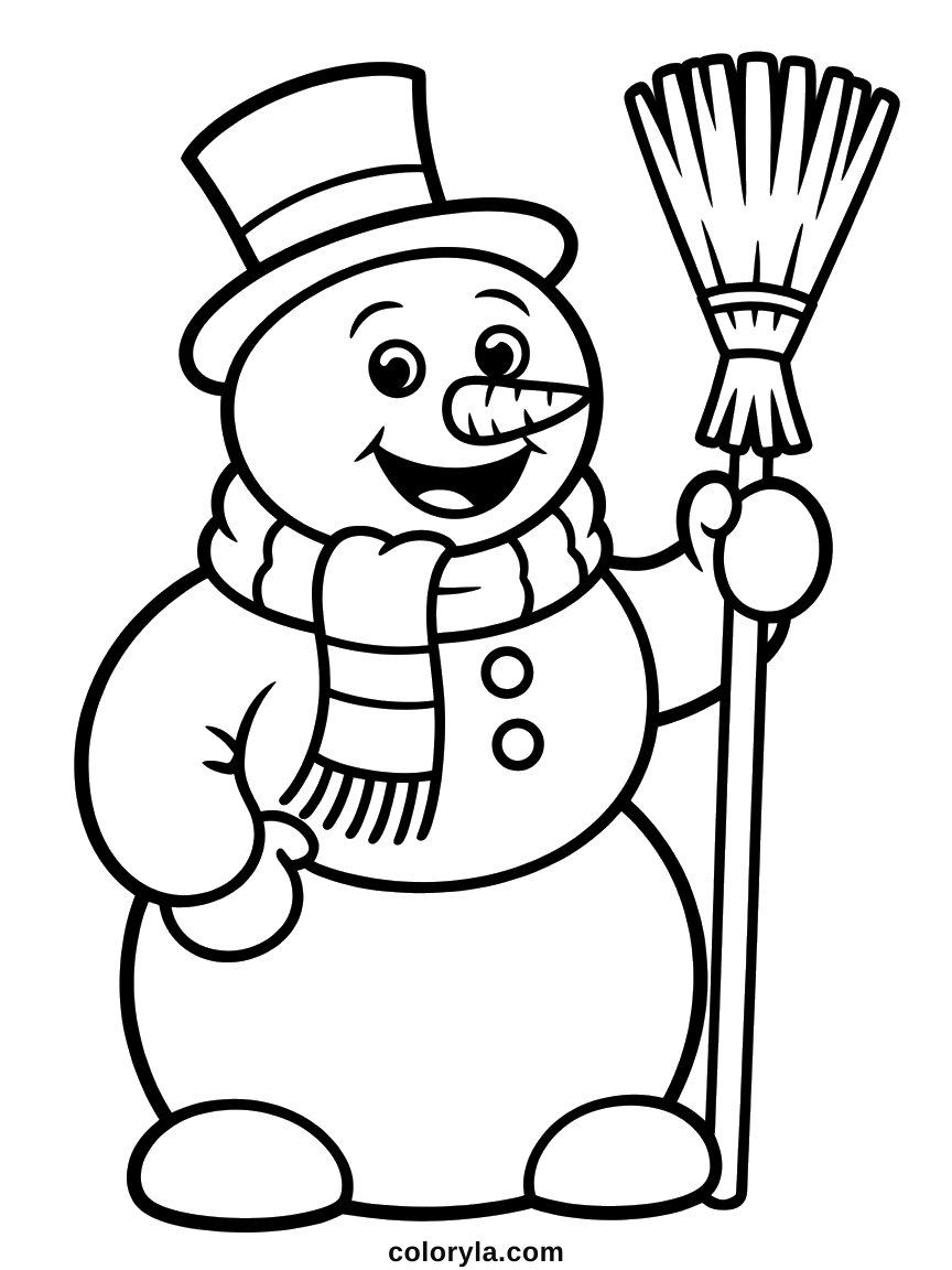 Met een want in zijn zij en een strobezem in de andere grijnst deze sneeuwpop. Makkelijke kleurplaat sneeuwpop, gratis.