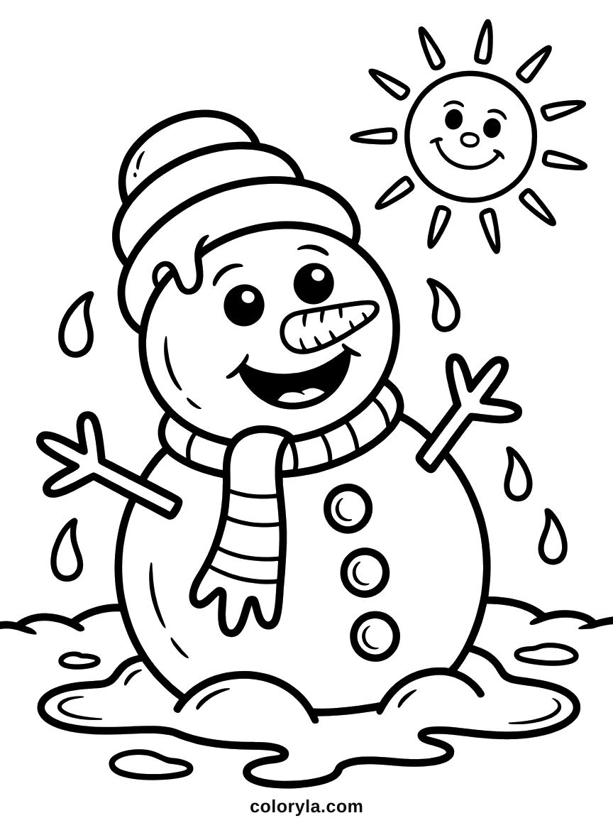 Weggezakt in een plas onder de zon blijft deze sneeuwpop lachen: smeltende sneeuwpop kleurplaat, gratis te printen voor kinderen.