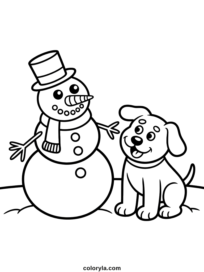 Een puppy met halsband zit naast een sneeuwpop met hoge hoed: kleurplaat sneeuwpop en hond, gratis te printen voor kinderen.