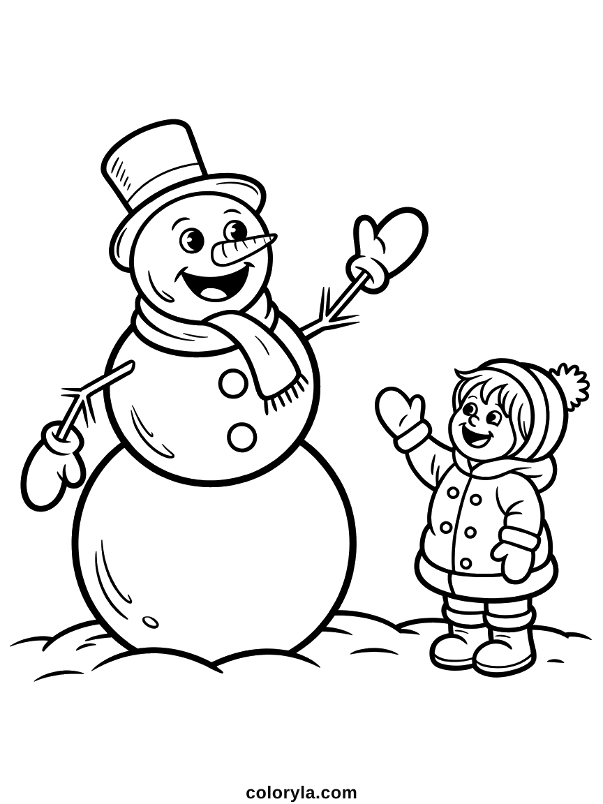 Een sneeuwpop zwaait met zijn want naar een kind met pompommuts. Gratis sneeuwpop kleurplaat voor kinderen, ook als pdf.