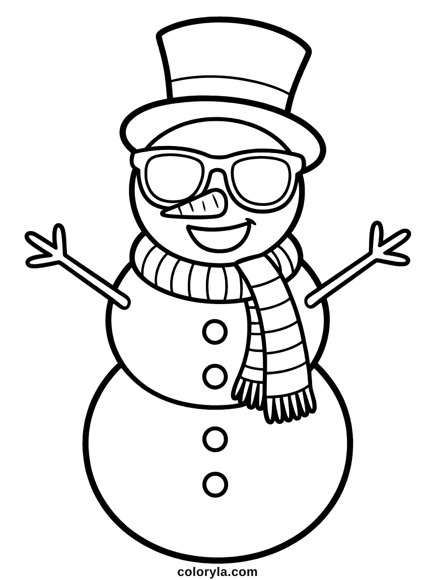 Een grijnzende sneeuwpop met zonnebril en hoge hoed, een grappige kleurplaat sneeuwpop. Makkelijk en gratis te printen.