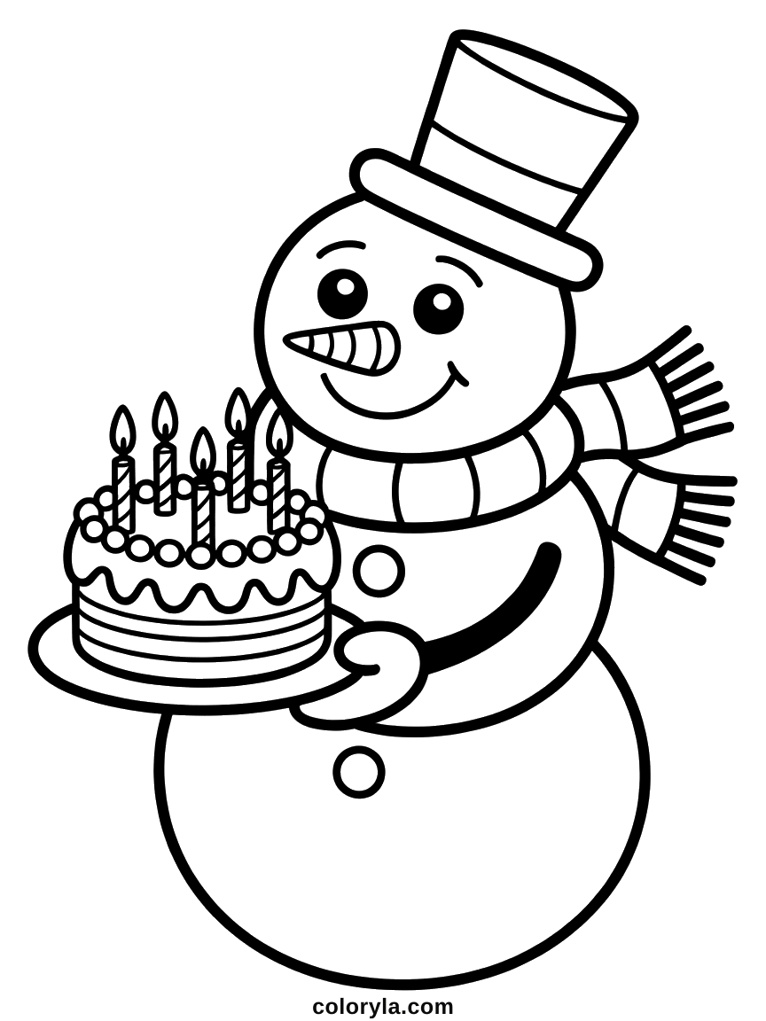 Sneeuwpop kleurplaat voor een verjaardag: hij draagt een taart met vijf brandende kaarsjes. Makkelijk en gratis.