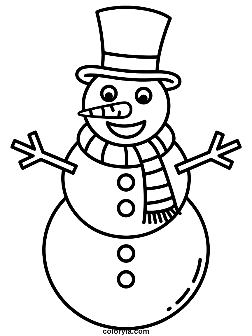 Klassieke kleurplaat sneeuwpop: lange wortelneus, ogen opzij, een hoge hoed en een gestreepte sjaal. Makkelijk en gratis.