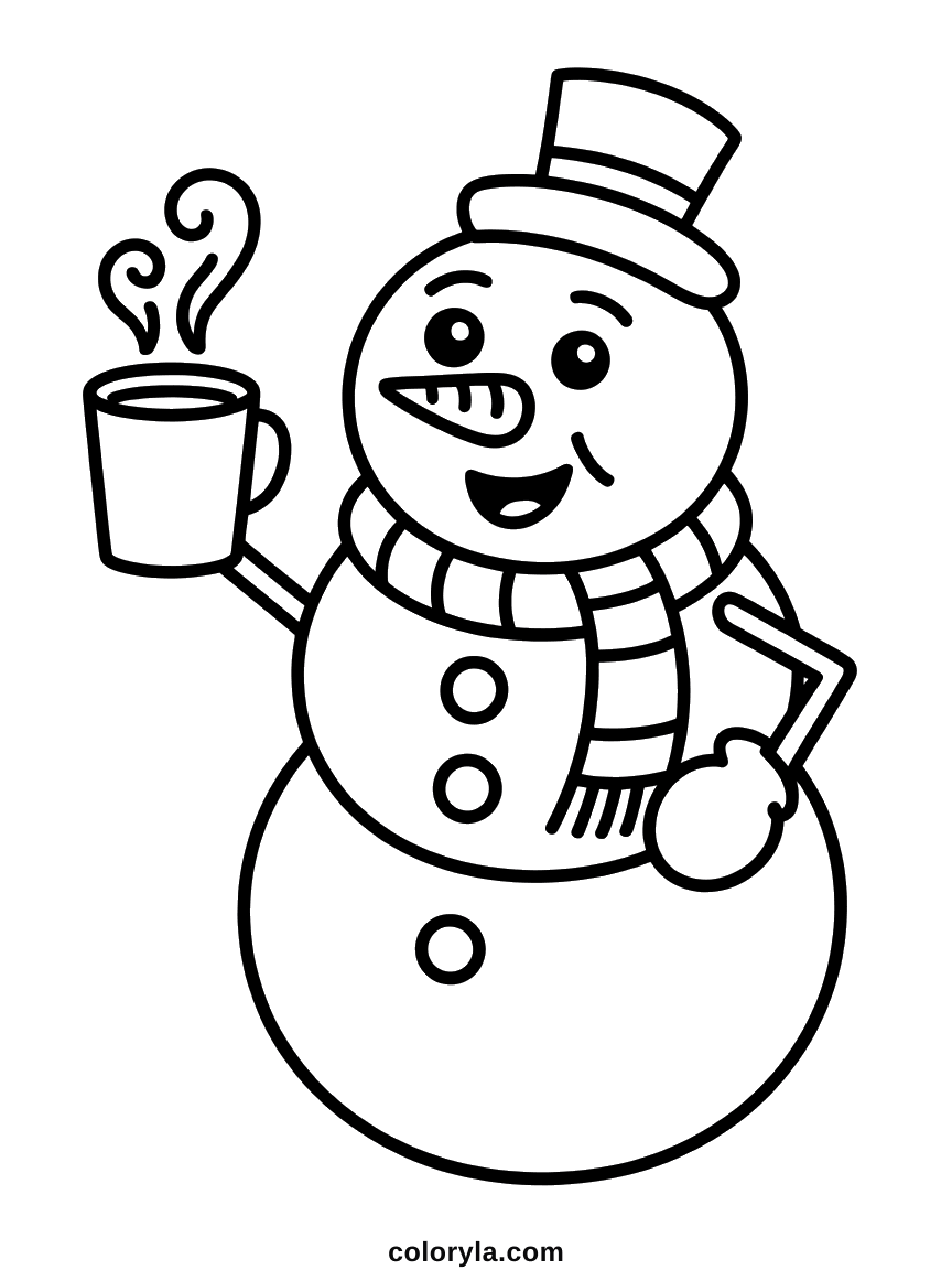 Sneeuwpop met een dampende beker chocolademelk, de andere hand in de zij: gratis sneeuwpop kleurplaat, makkelijk voor kinderen.