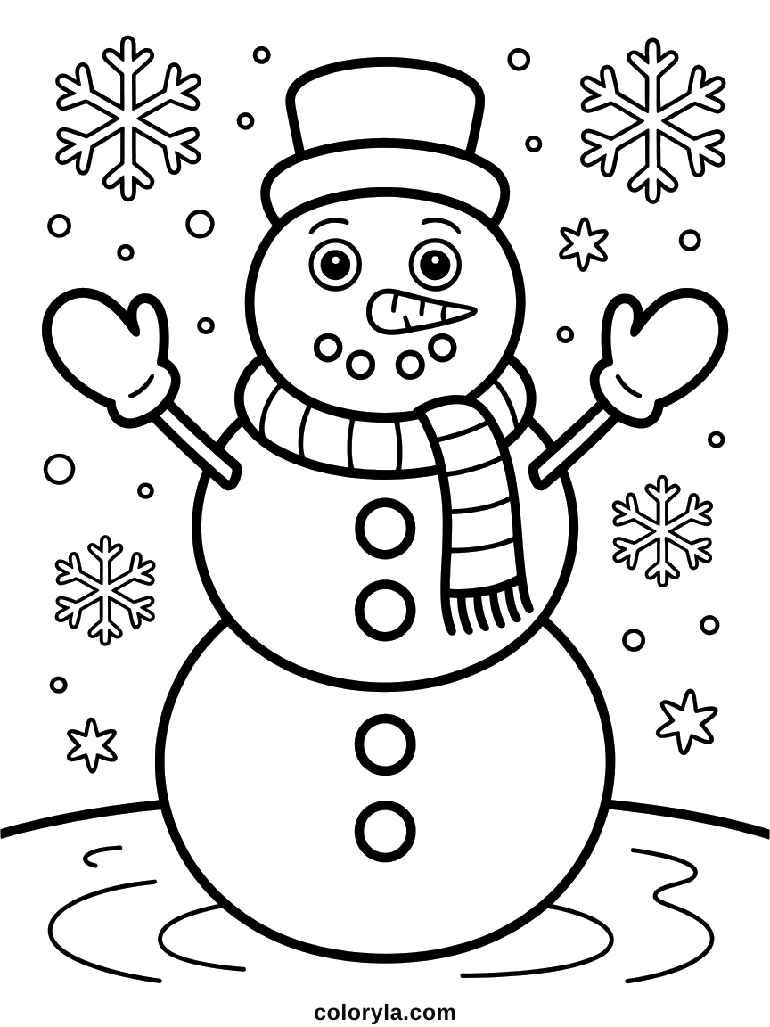 Tussen vallende vlokken steekt een sneeuwpop met sjaal zijn wanten omhoog: sneeuwpop kleurprent, gratis te printen als pdf.
