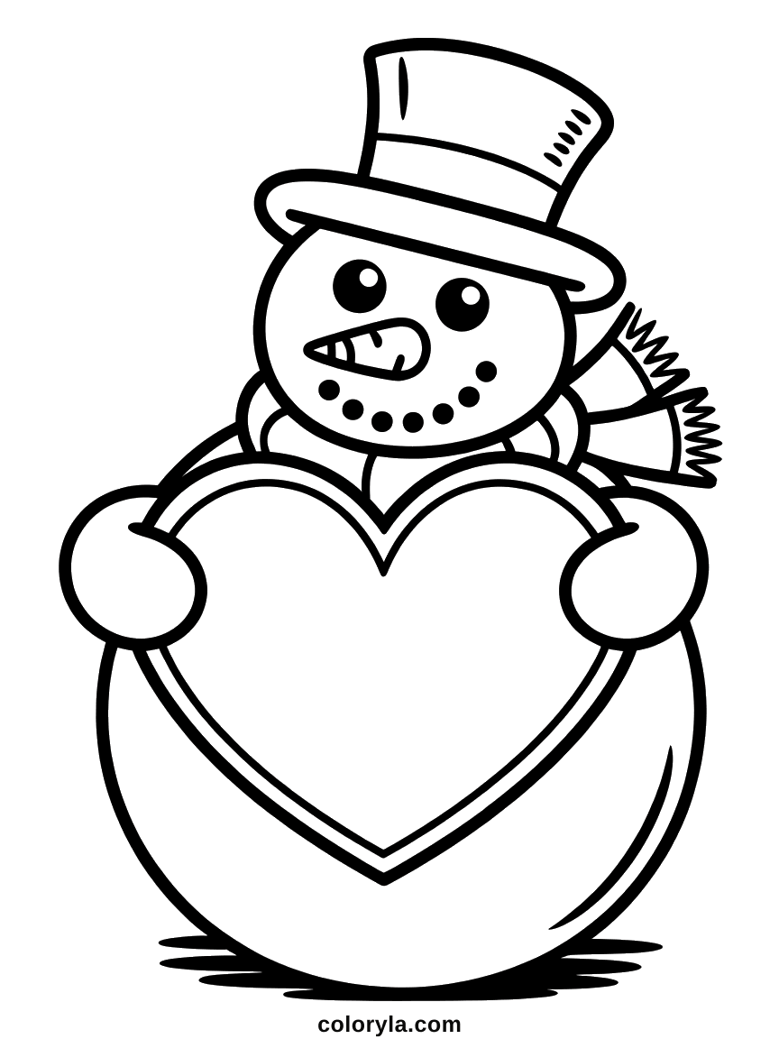 Met twee handen houdt een sneeuwpop een groot hart vast: kleurplaat sneeuwpop voor Valentijn, makkelijk en gratis.
