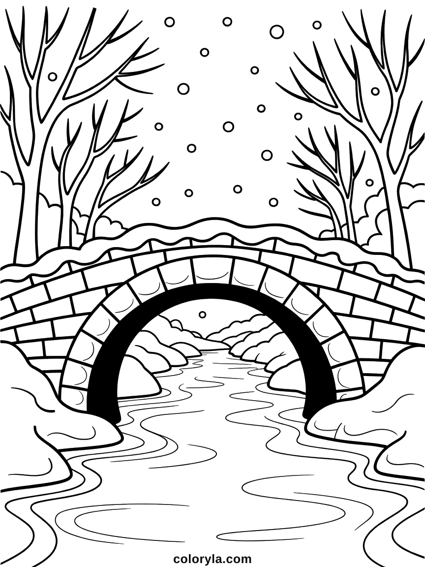 Stenen boogbrug onder de sneeuw met een rivier eronder en kale bomen: kleurplaat brug in de winter, gratis te printen.