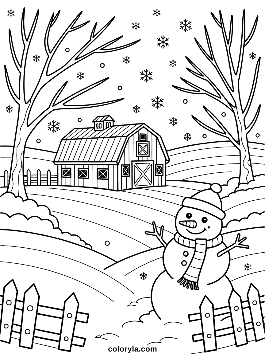 Boerderij kleurplaat met een grote schuur tussen besneeuwde velden en een sneeuwpop bij het hek. Gedetailleerd en gratis.