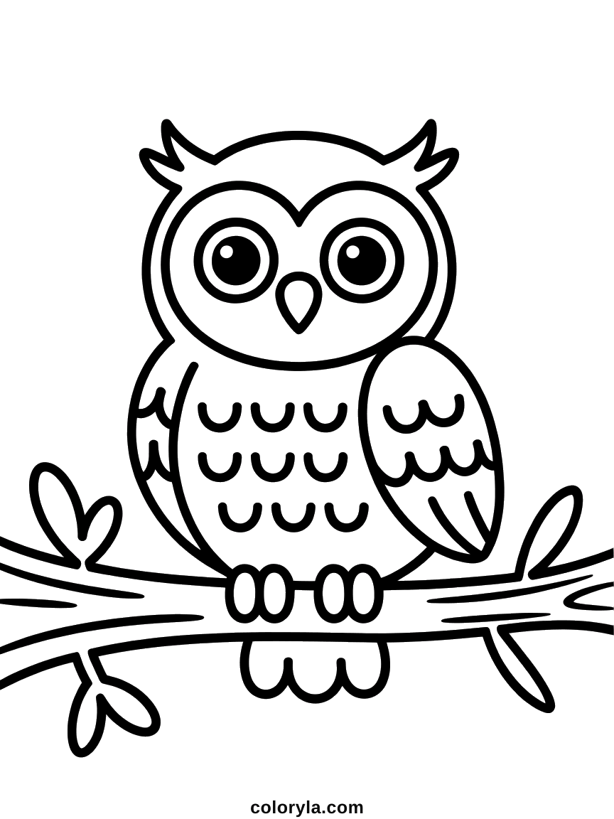Kogelronde sneeuwuil met enorme ogen op een tak, makkelijke uil kleurplaat met dikke lijnen voor peuters. Gratis als pdf.