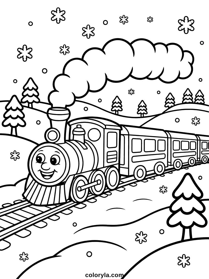 Trein kleurplaat: een lachende stoomlocomotief met wagons rijdt door besneeuwde heuvels onder een grote rookwolk. Gedetailleerd.