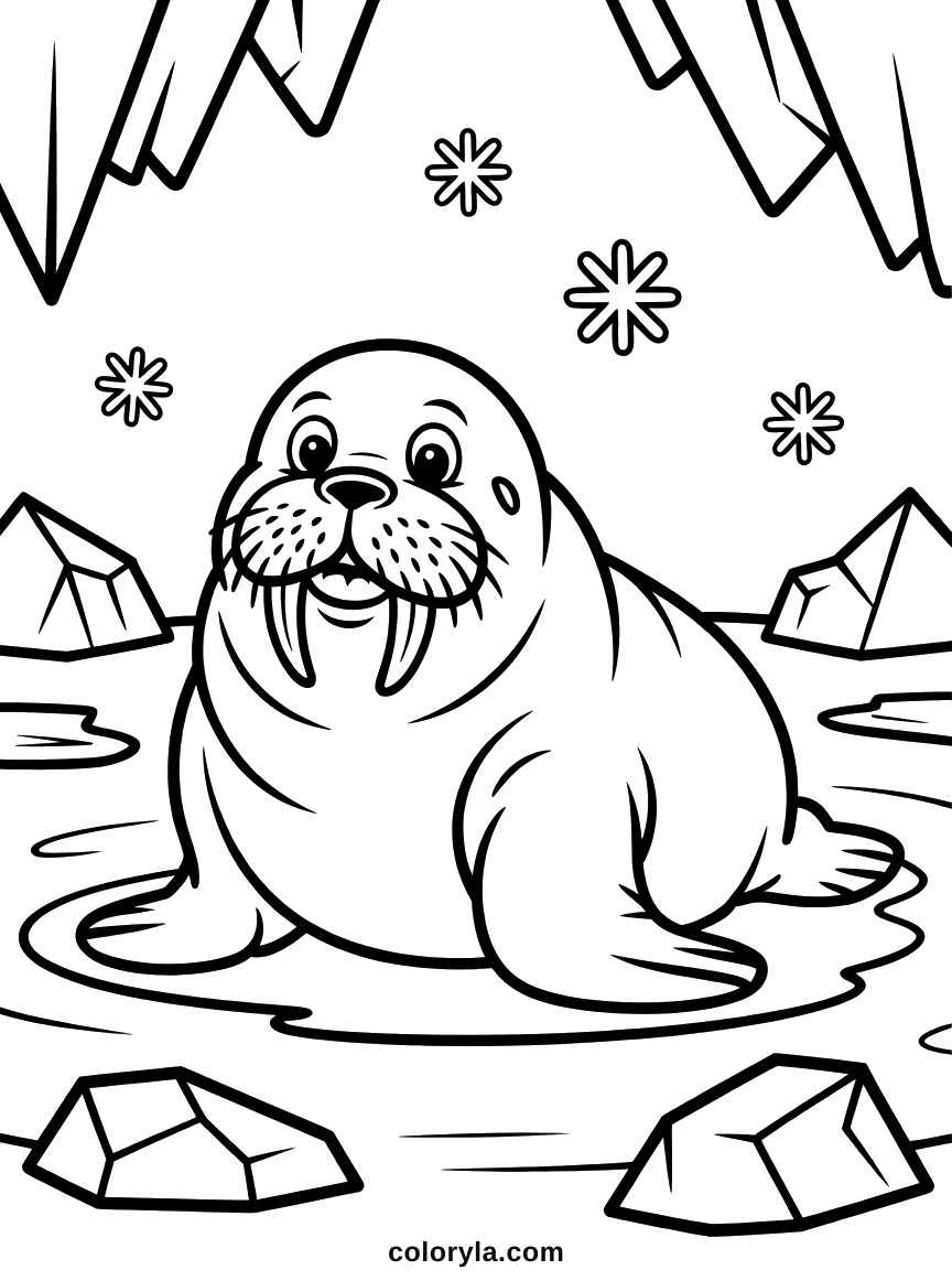 Walrus kleurplaat met lange slagtanden en een brede lach, bij een plasje tussen de ijsblokken. Gratis te printen voor kinderen.