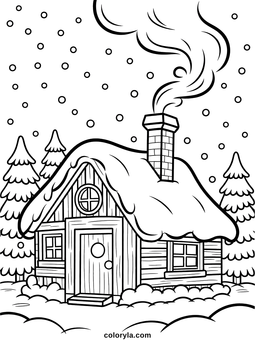Houten huisje onder dikke sneeuw met rook uit de schoorsteen: gedetailleerde winterkleurplaat om te printen, gratis.