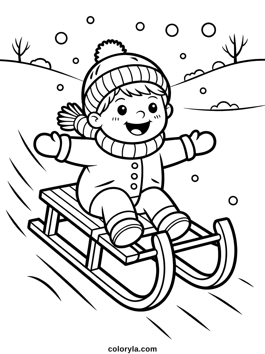 Een kind met pompommuts suist lachend op een houten slee de heuvel af. Gratis kleurplaat slee voor kinderen.