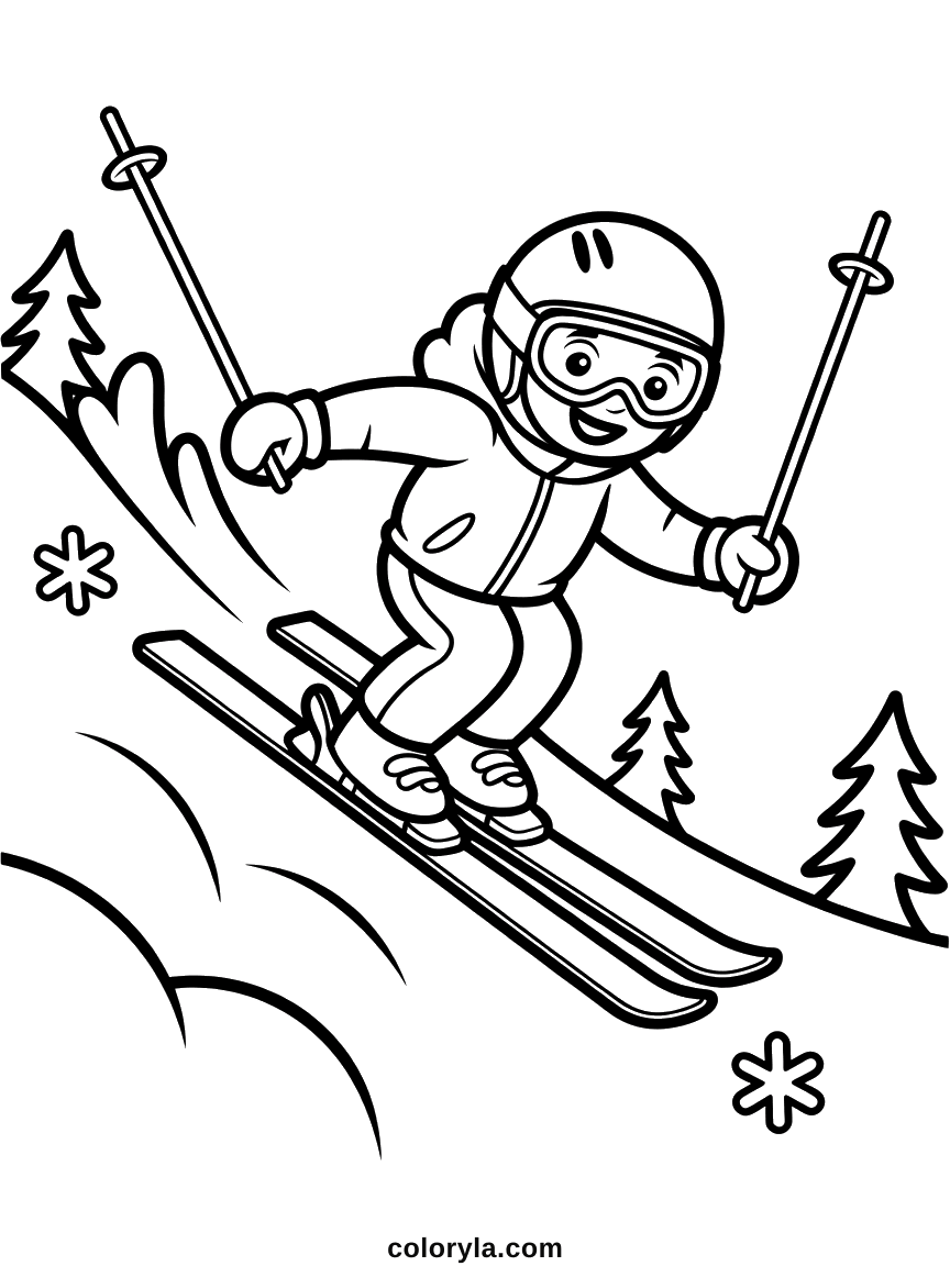 Ski kleurplaat: met helm en skibril suist een skiër door de knieën de piste af, de stokken in de lucht. Gratis te printen.