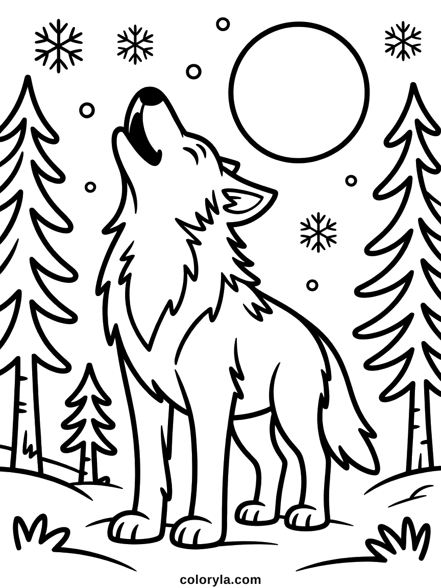 Een wolf huilt naar de volle maan tussen besneeuwde dennen en vallende vlokken. Wolf kleurplaat om gratis te printen.