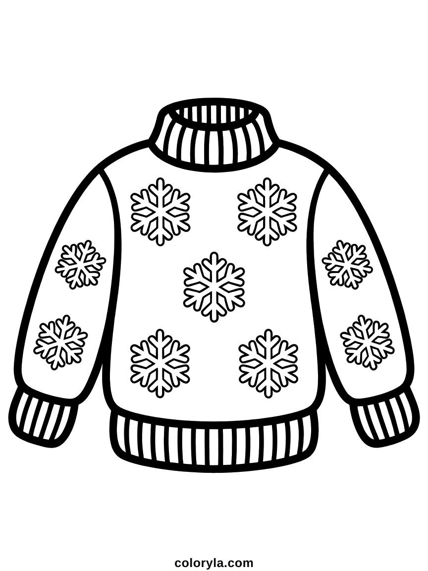 Wollen coltrui met geribde boorden en sneeuwvlokken op de voorkant en de mouwen: trui kleurplaat, gratis te printen.